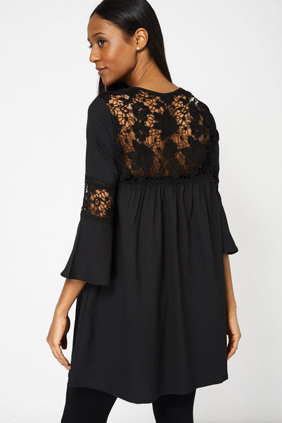 Black Babydoll Style Lace Detail Tunic Top