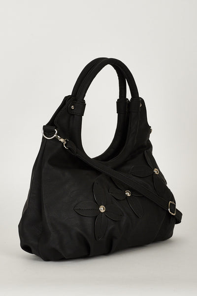 Faux Leather Black Shoulder Bag With Flower Design