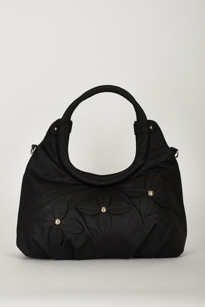 Faux Leather Black Shoulder Bag With Flower Design