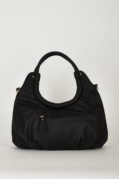 Faux Leather Black Shoulder Bag With Flower Design