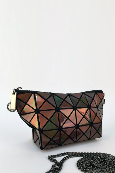 Japanese Style Glossy Triangular-Split Panels Brown Make-Up Case  Clutch  Bag