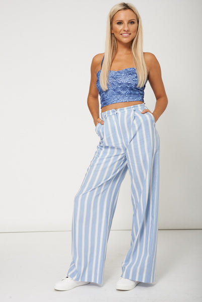 Women Blue Stripe Wide Leg Trouser Latest Range- Ex-Branded