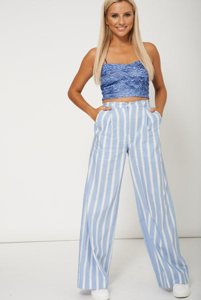 Women Blue Stripe Wide Leg Trouser Latest Range- Ex-Branded