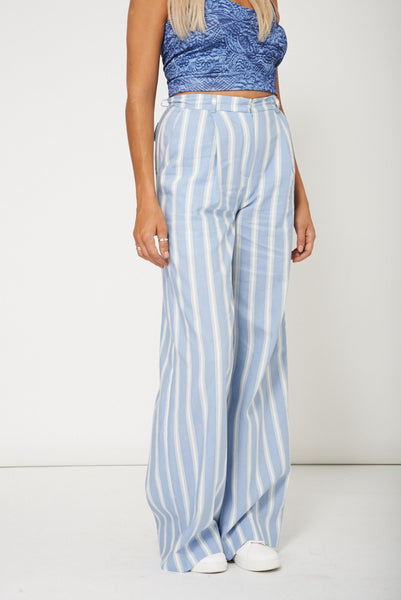 Women Blue Stripe Wide Leg Trouser Latest Range- Ex-Branded