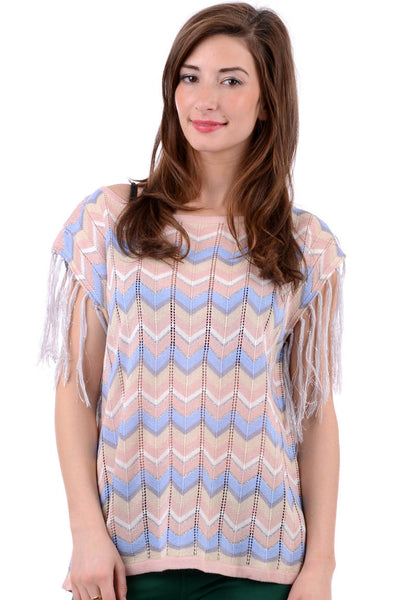 Zigzag Print Jumper With Fringed Sleeves