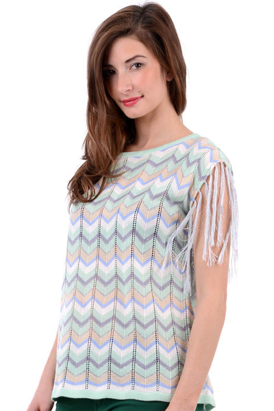 Zigzag Print Jumper With Fringed Sleeves