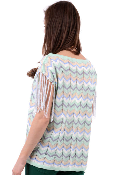 Zigzag Print Jumper With Fringed Sleeves