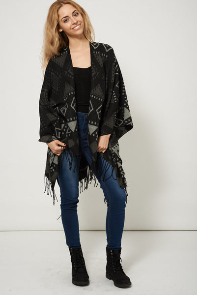 Black Geometric Print Open Front Fringe  Poncho