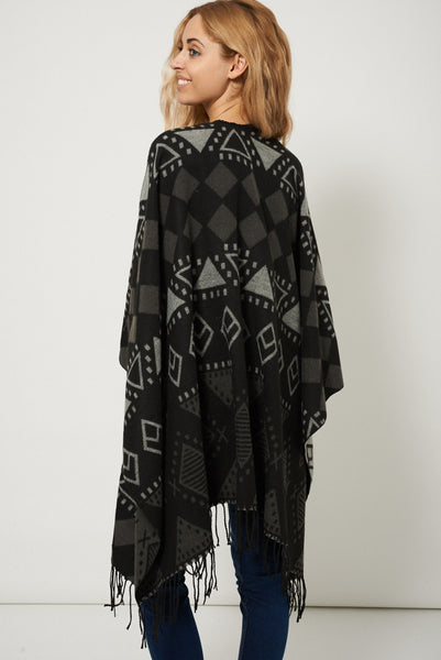 Black Geometric Print Open Front Fringe  Poncho