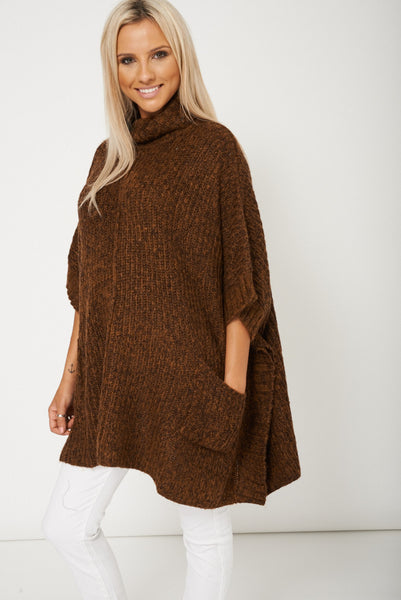 Women Wide Turtle Neck Brown Poncho Ex-Branded