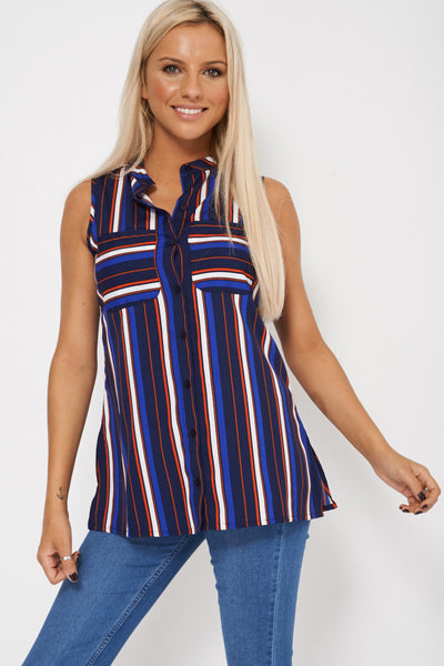 Sleeveless Multi-Coloured Striped Button Up Sheer Shirt