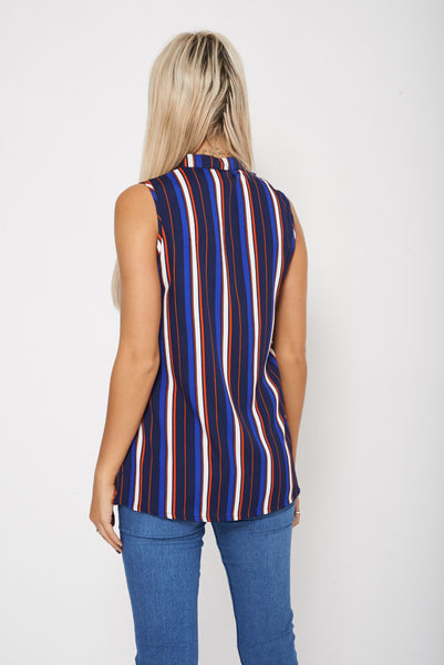 Sleeveless Multi-Coloured Striped Button Up Sheer Shirt