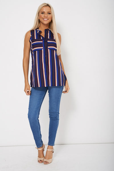 Sleeveless Multi-Coloured Striped Button Up Sheer Shirt