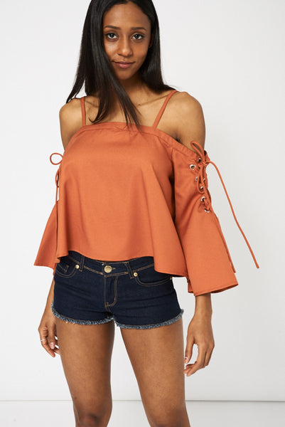 Burnt Orange Bardot Top With Lace-Up Bell Sleeves