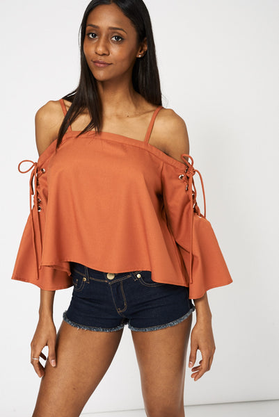 Burnt Orange Bardot Top With Lace-Up Bell Sleeves