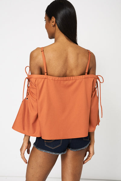 Burnt Orange Bardot Top With Lace-Up Bell Sleeves