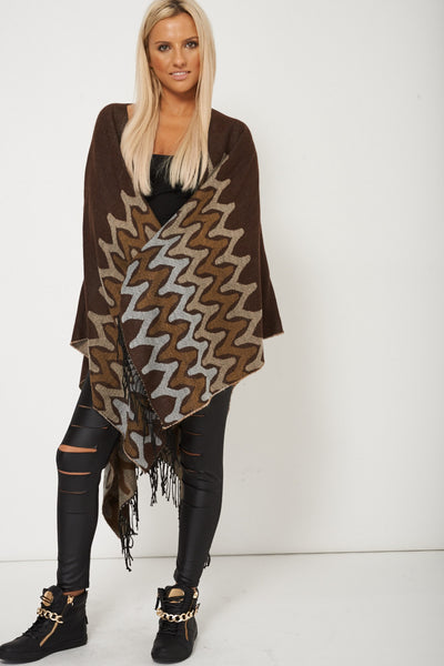 Abstract Print Fringed Open Poncho Cape