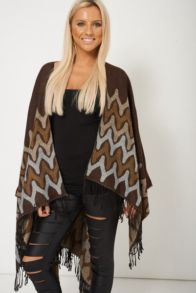 Abstract Print Fringed Open Poncho Cape