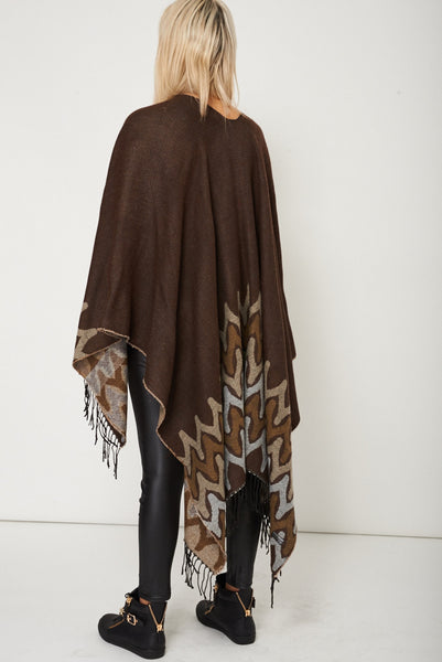 Abstract Print Fringed Open Poncho Cape