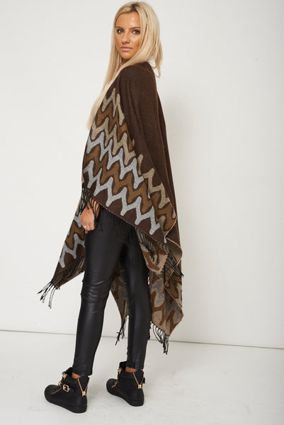 Abstract Print Fringed Open Poncho Cape