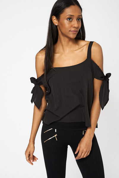 Black Bow Tie Sleeve Bardot Top