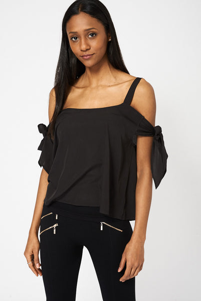 Black Bow Tie Sleeve Bardot Top