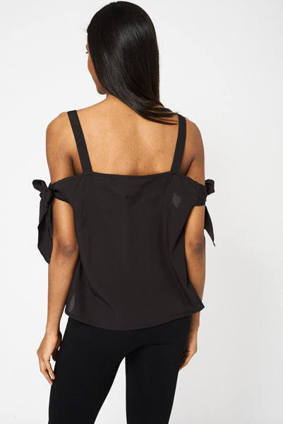 Black Bow Tie Sleeve Bardot Top