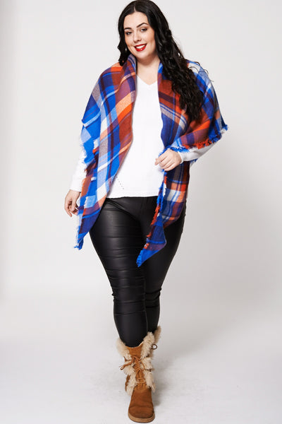 Knitted Check Soft Frayed Hem Large Scarf