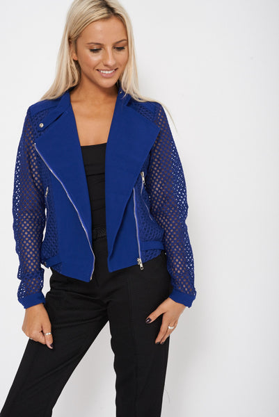 Mesh With Cut Out Design Asymmetrical Zip Short Jacket