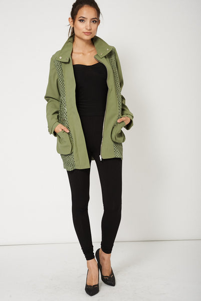 Green Cut Out Design Concealed Zip Jacket