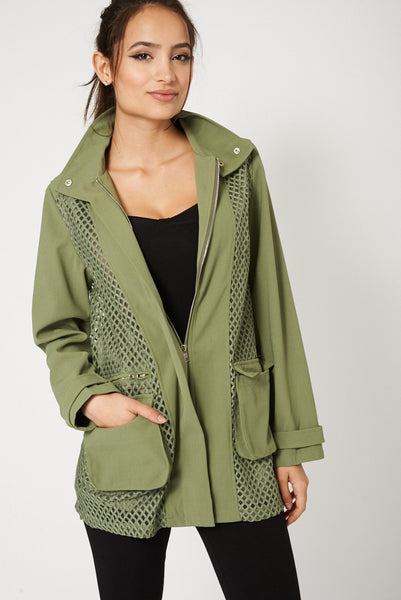 Green Cut Out Design Concealed Zip Jacket