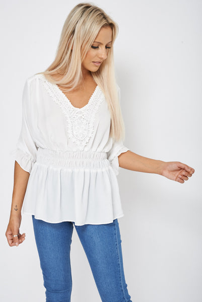 White Crochet Detail Frill Top