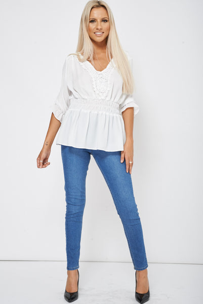 White Crochet Detail Frill Top