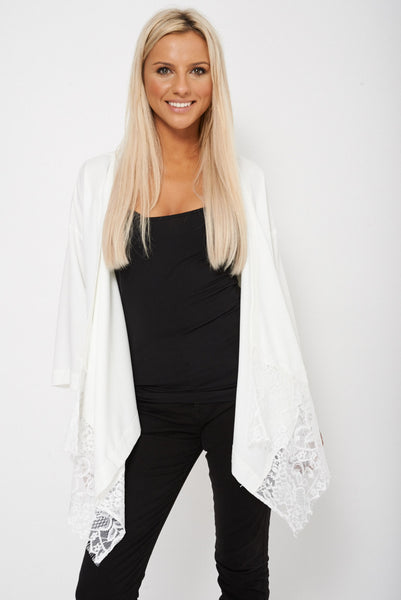 Lace Detailed Waterfall Open Asymmetric Cardigan