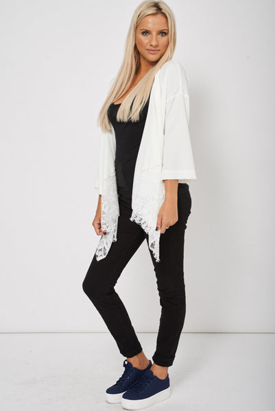 Lace Detailed Waterfall Open Asymmetric Cardigan