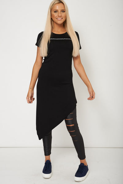 Black Longline Slogan Asymmetric Top