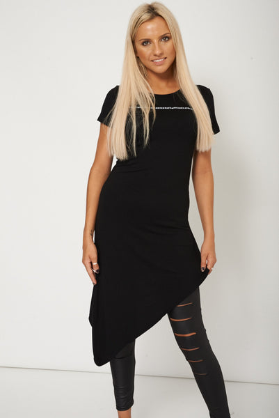 Black Longline Slogan Asymmetric Top