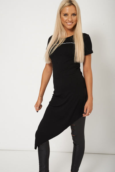 Black Longline Slogan Asymmetric Top