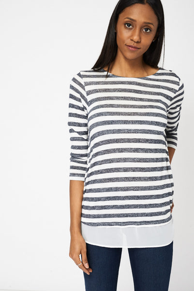 Black And White Striped Top With Chiffon Back Ex-Branded Available in Plus Sizes