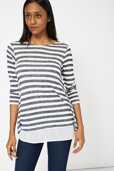 Black And White Striped Top With Chiffon Back Ex-Branded Available in Plus Sizes