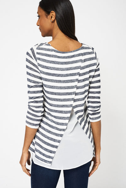 Black And White Striped Top With Chiffon Back Ex-Branded Available in Plus Sizes