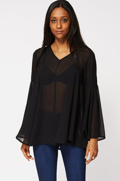 Sheer V-Neck Bell Sleeve Swing Blouse