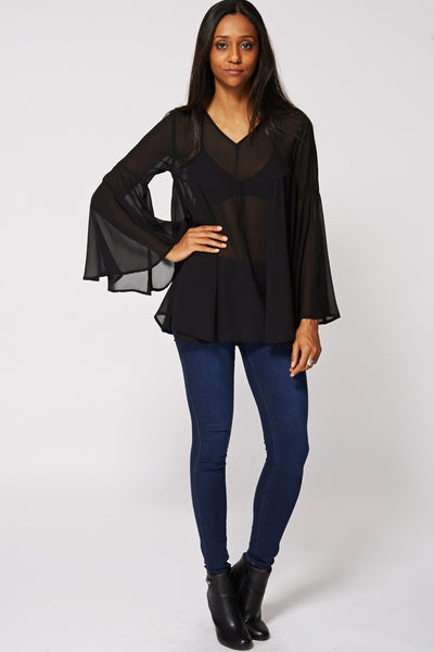 Sheer V-Neck Bell Sleeve Swing Blouse