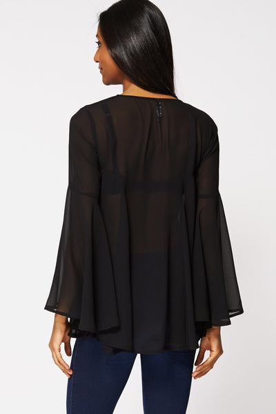 Sheer V-Neck Bell Sleeve Swing Blouse