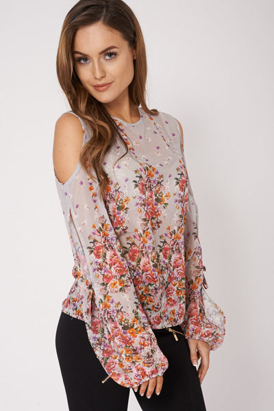 Floral Print Cold Shoulder Top Available In Plus Sizes