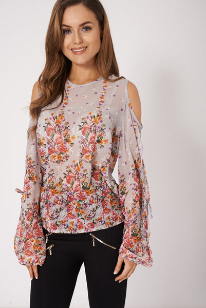 Floral Print Cold Shoulder Top Available In Plus Sizes