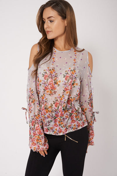 Floral Print Cold Shoulder Top Available In Plus Sizes