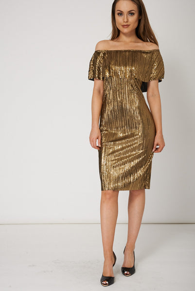 Flare Overlay Pleated Dress In Gold