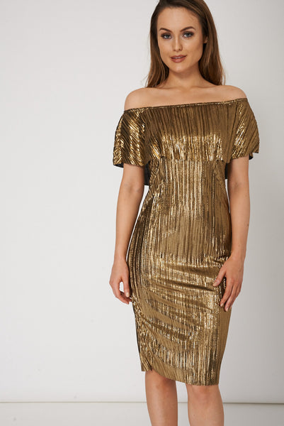 Flare Overlay Pleated Dress In Gold