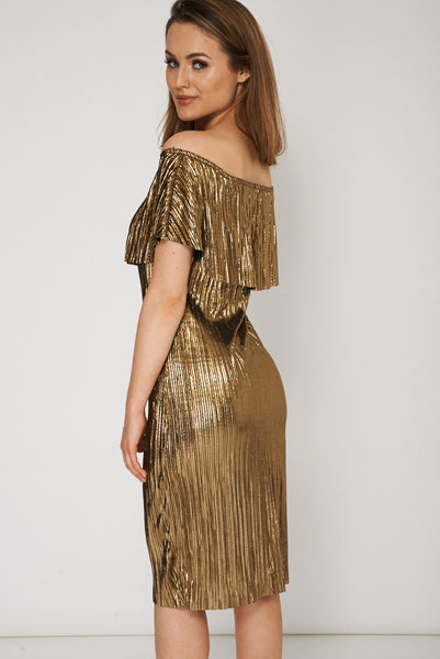 Flare Overlay Pleated Dress In Gold